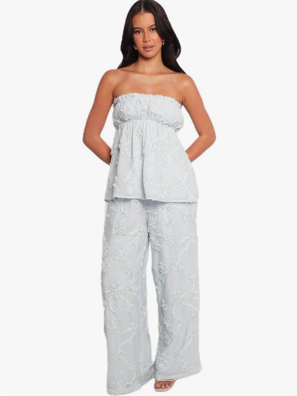 Petal & Pup Strapless Embroidered Two-Piece Set in Light Blue